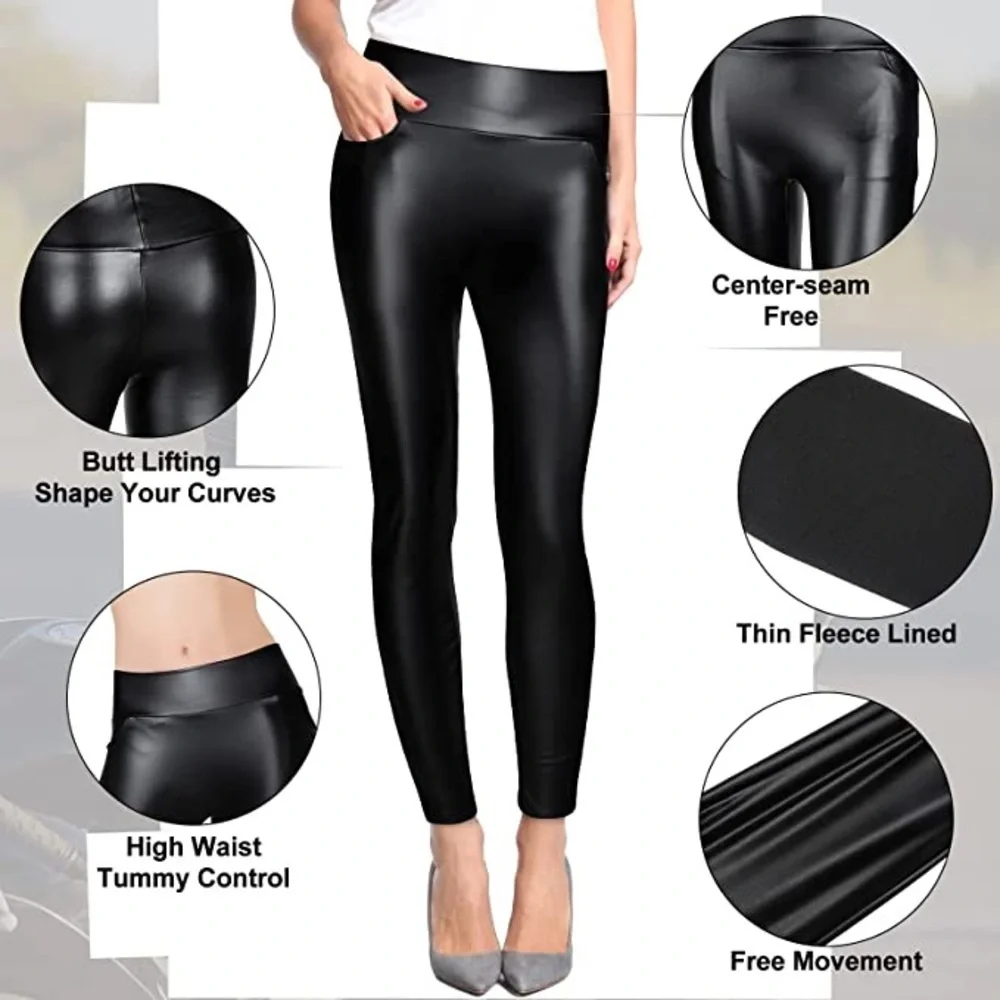 New Women's Stretchy Faux Leather Leggings Pants with Pockets Black XL - Picture 5 of 6